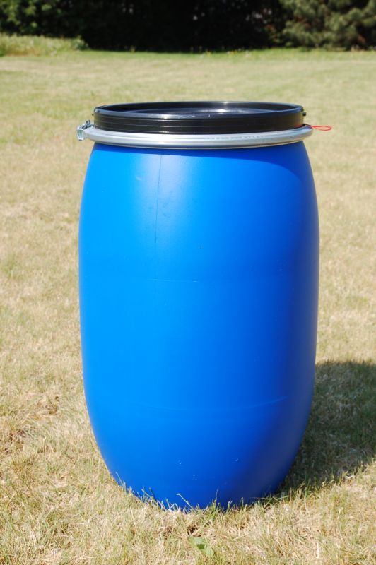 weithalsfass 120 Liter Blau mit Spannverschluss. Neu und Lebensmittelecht aus  Polyethylen