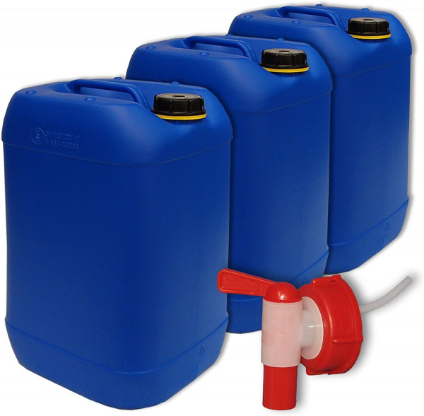 3X 25 Liter Getränke- Wasserkanister mit 1 Hahn und 3 Schraubdeckel (DIN 61)