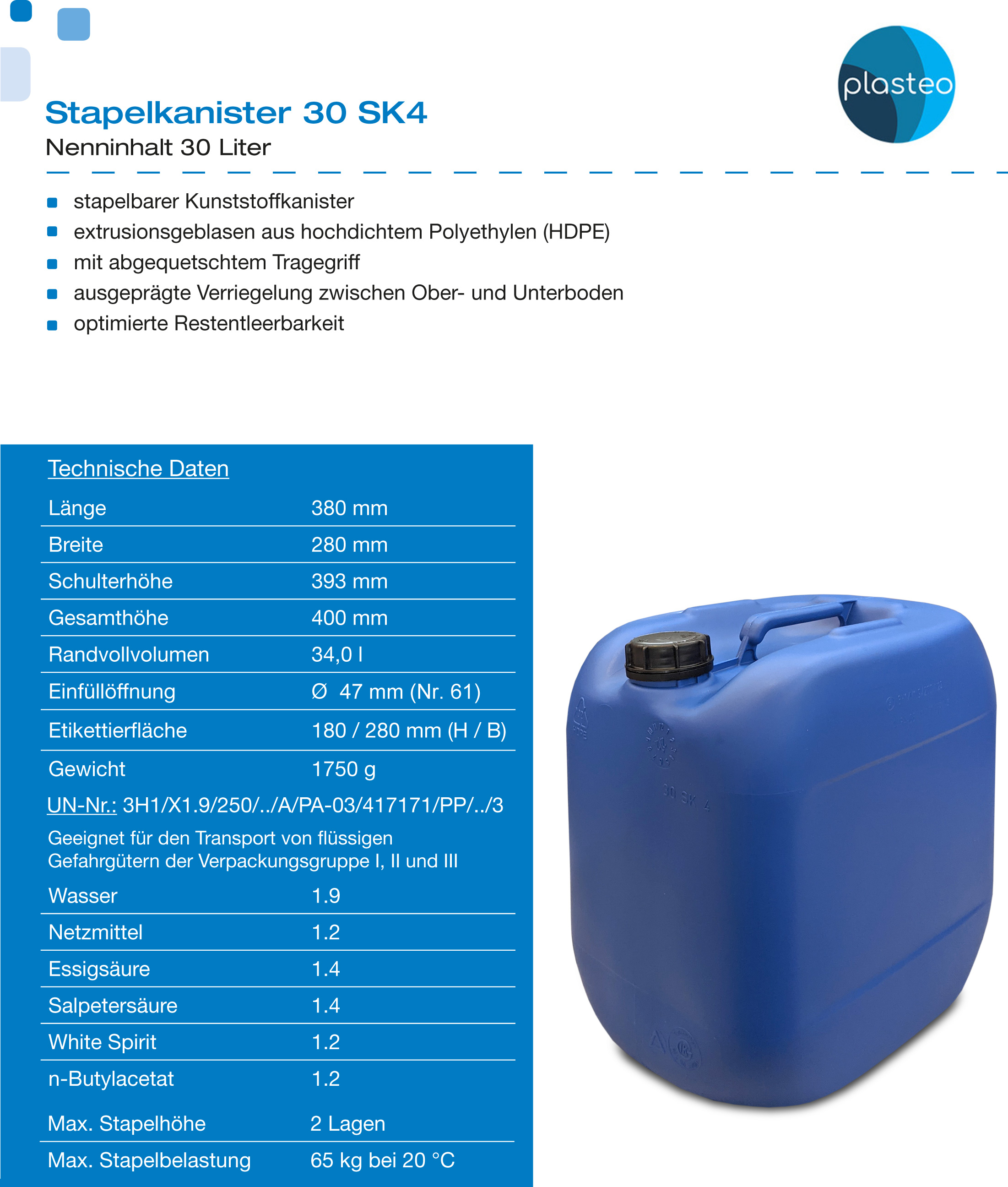 kanister-vertrieb® 4 Stück 30 L Kanister Wasserkanister Kunststoffkanister  blau DIN61 + 1 Auslaufhahn + Etiketten : : Sport & Freizeit