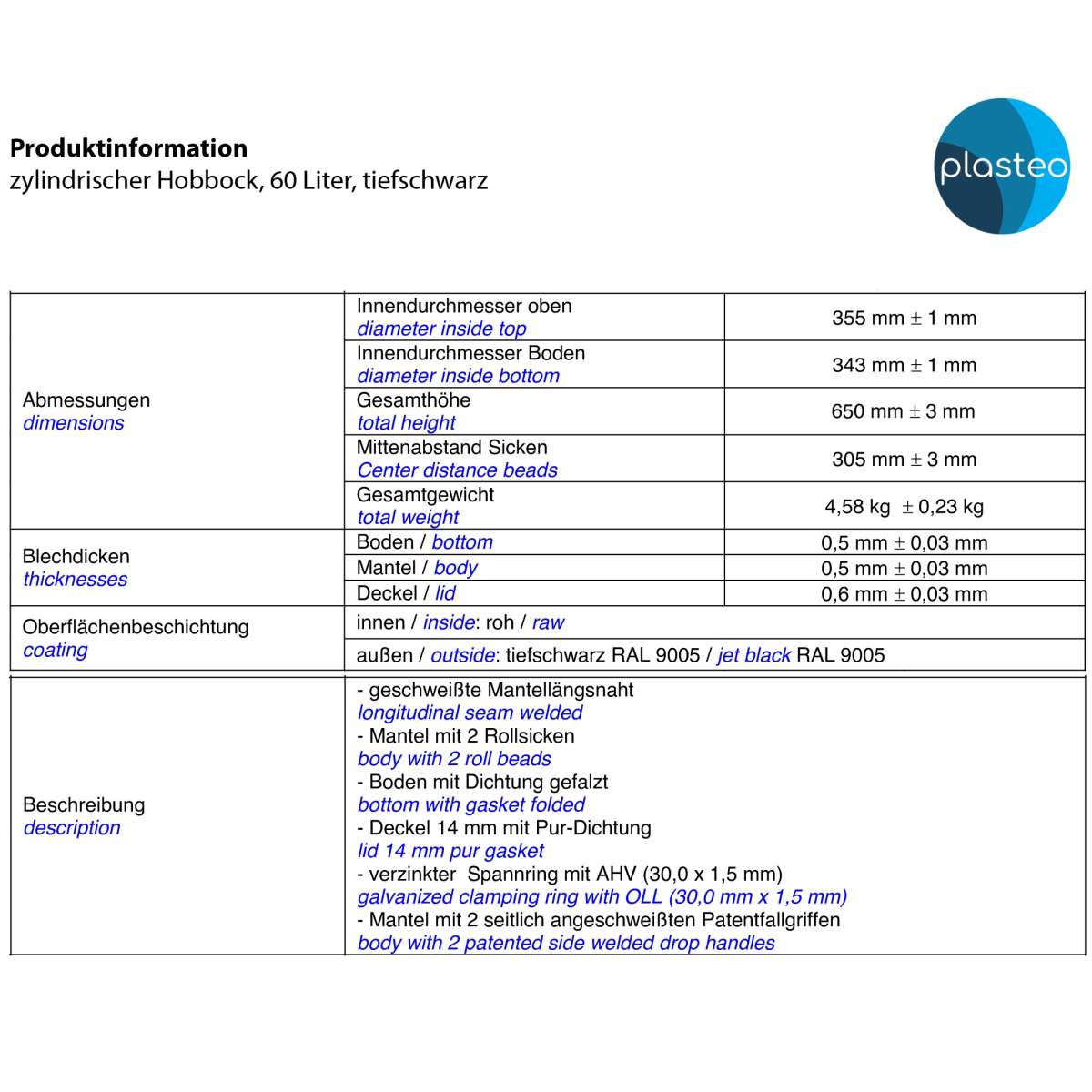 plasteo® Stalen vat 20 liter hobbock deksel | geschikt voor