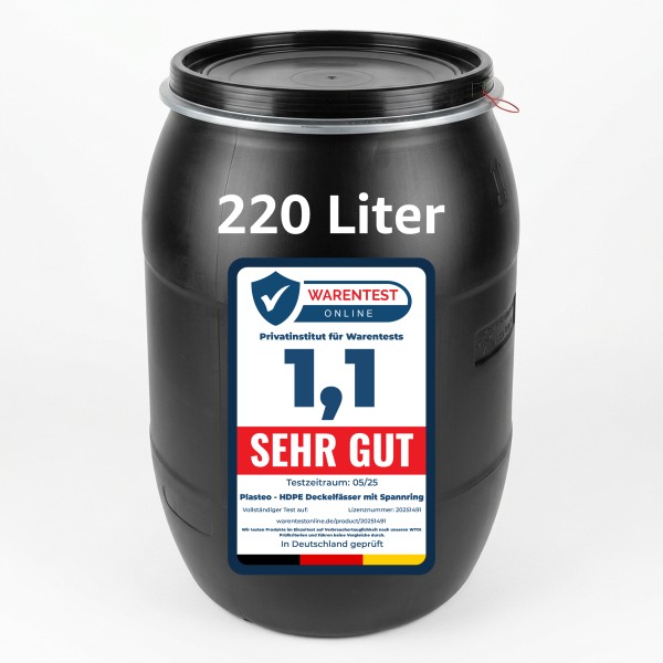 220 Liter Weithalsfass Schwarz mit Deckel, Spannring und Dichtung, UN-Zulassung