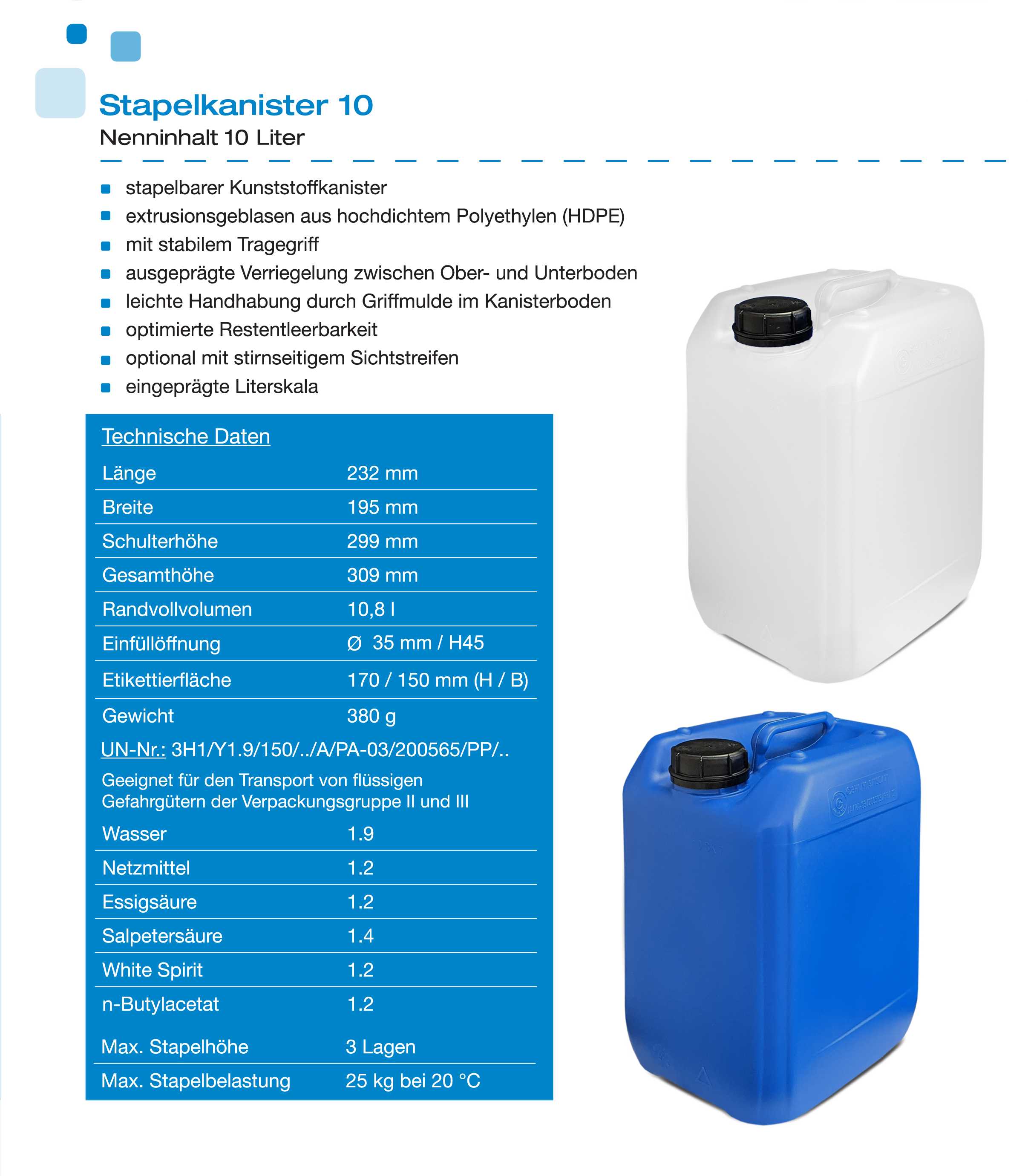 Wasserkanister Kanister leer Kunststoff Stapelkanister Leerkanister 10L DIN  51