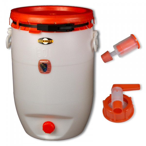 Mostfass 60 Liter rund mit Auslaufhahn NW 10 und Gärspund
