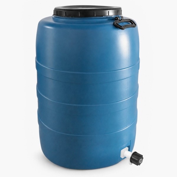 Fût à couvercle vissant 120 litres, rond, bleu clair, avec robinet
