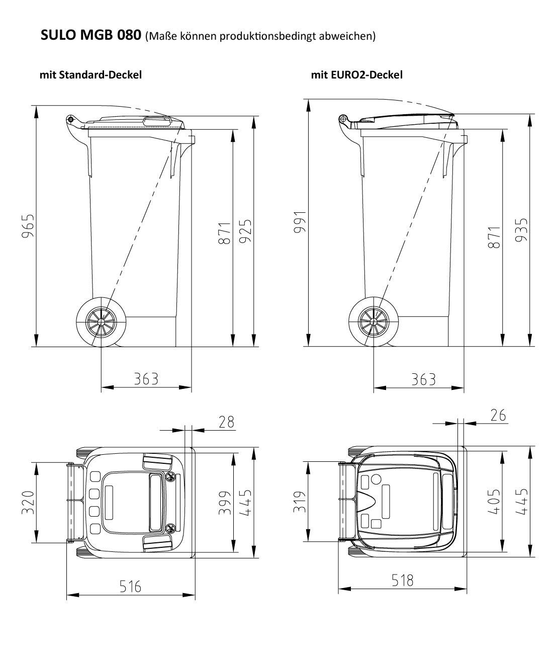 Original graue SULO Mülltonne mit farbigem Deckel Größe 60 80 120 und