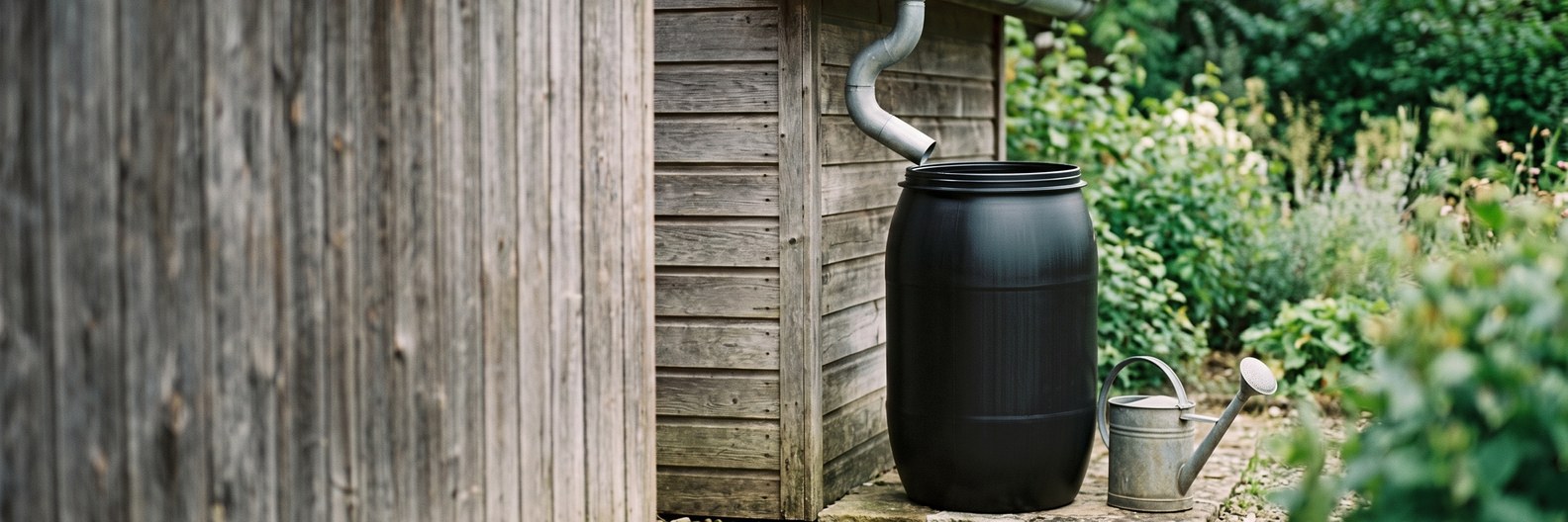 Weithalsfass als Regentonne unter dem Fallrohr eines Gartenhauses