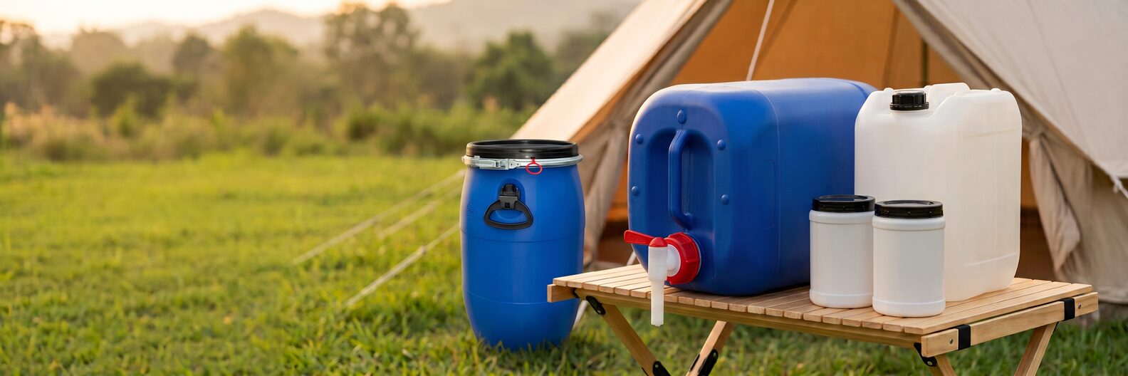 Table de camping devant une tente : jerrican d'eau bleu couché avec robinet AFT, jerrican blanc naturel et deux boîtes de conservation blanches à couvercle vissant noir, à côté un fût bleu à couvercle et cerclage posé dans l'herbe