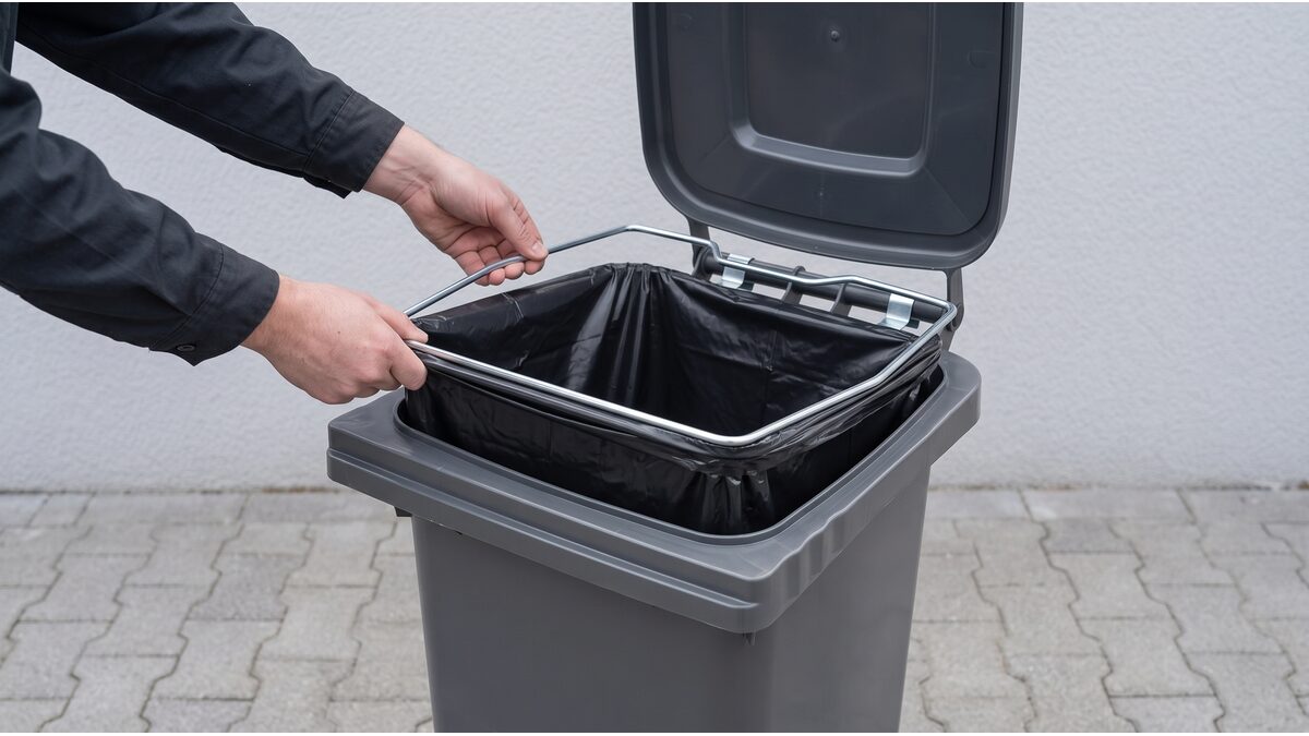 Hände setzen den verzinkten Drahtrahmen mit übergezogenem Müllsack in die geöffnete Mülltonne und drücken die beiden Klemmschellen auf die Scharnierstange