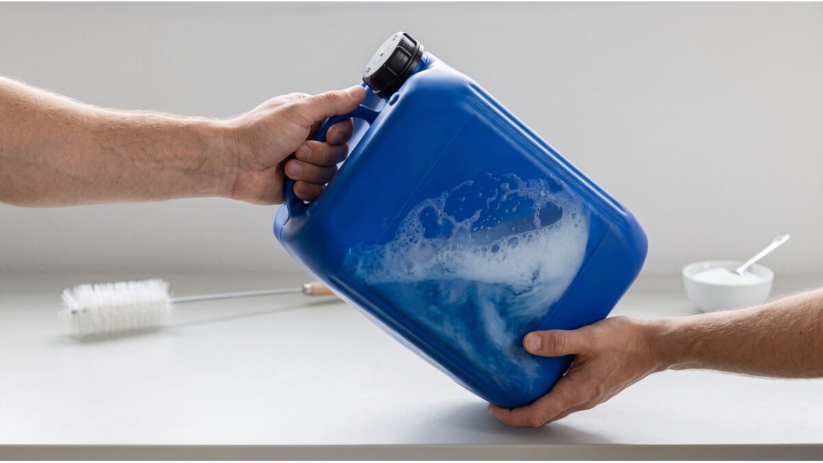 Zwei Hände schütteln einen geschlossenen blauen Kunststoffkanister; durch die Öffnung ist Schaum vom Spülwasser zu sehen, im Hintergrund Bürste und Schale